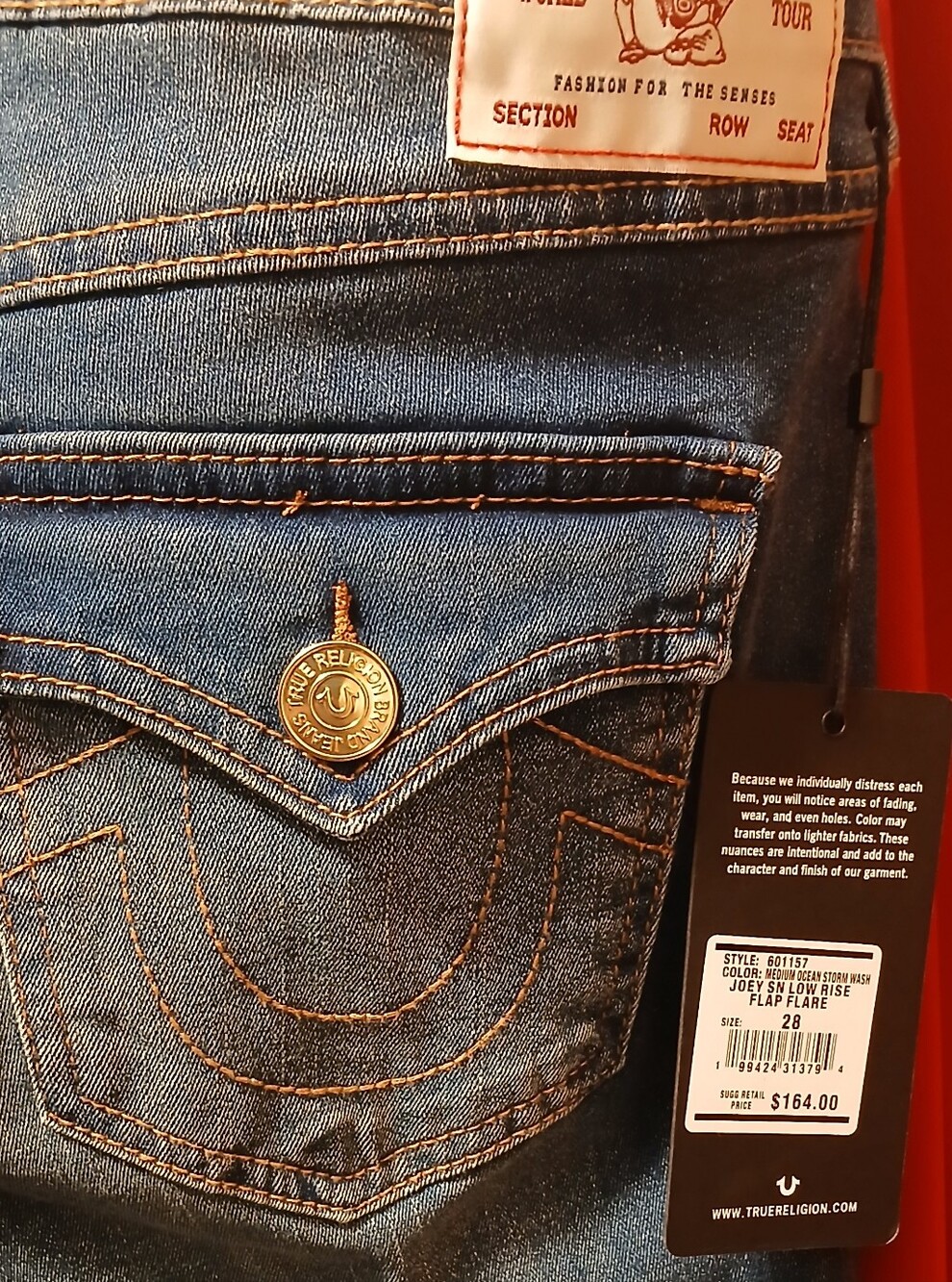 True Religion Joey Low Rise Flap Flare Jeans in Blue Denim